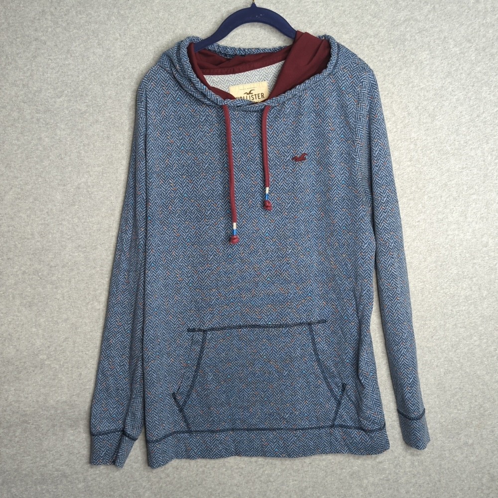 Hollister Mens Medium Blue Herringbone Hoodie Pullover Long Sleeve Drawstring